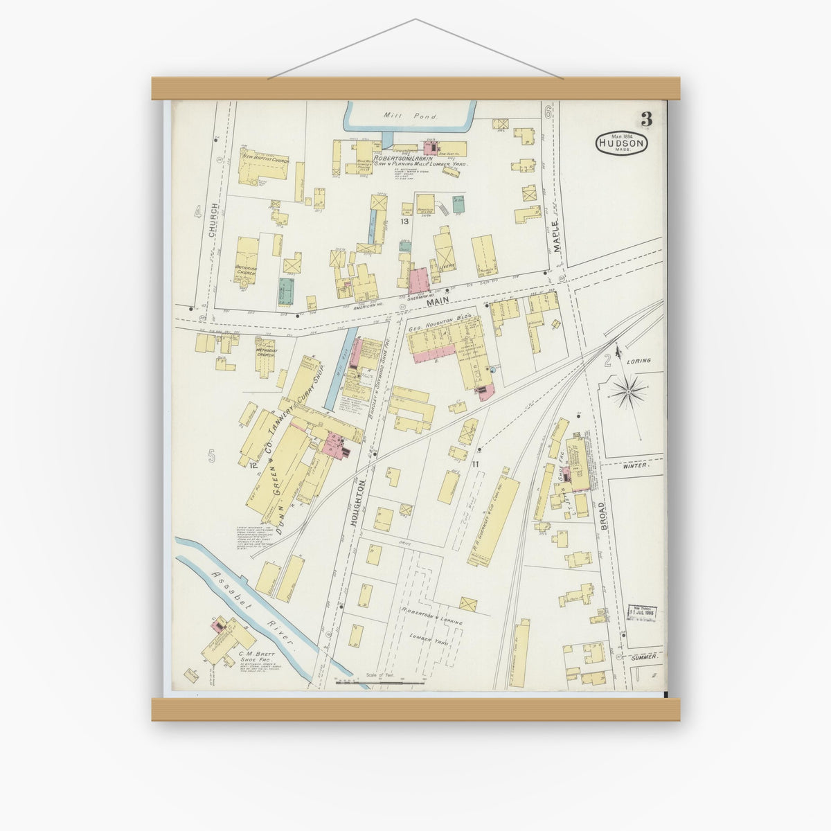 Old map wall art mockup — magnetic wood frame on white wall — Sanborn Fire Insurance Map from Hudson, Middlesex County, Massachusetts (1894), Sheet #0003