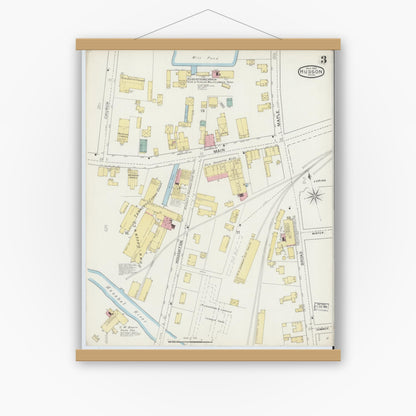 Old map wall art mockup — magnetic wood frame on white wall — Sanborn Fire Insurance Map from Hudson, Middlesex County, Massachusetts (1894), Sheet #0003