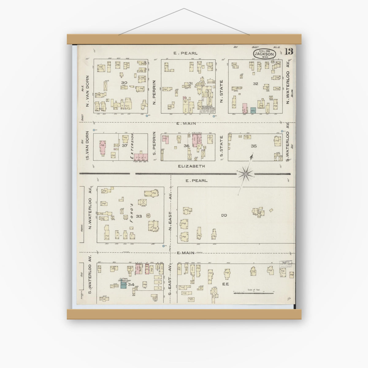 Old map wall art mockup — magnetic wood frame on white wall — Sanborn Fire Insurance Map from Jackson, Jackson County, Michigan (1886), Sheet #0013