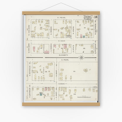 Old map wall art mockup — magnetic wood frame on white wall — Sanborn Fire Insurance Map from Jackson, Jackson County, Michigan (1886), Sheet #0013