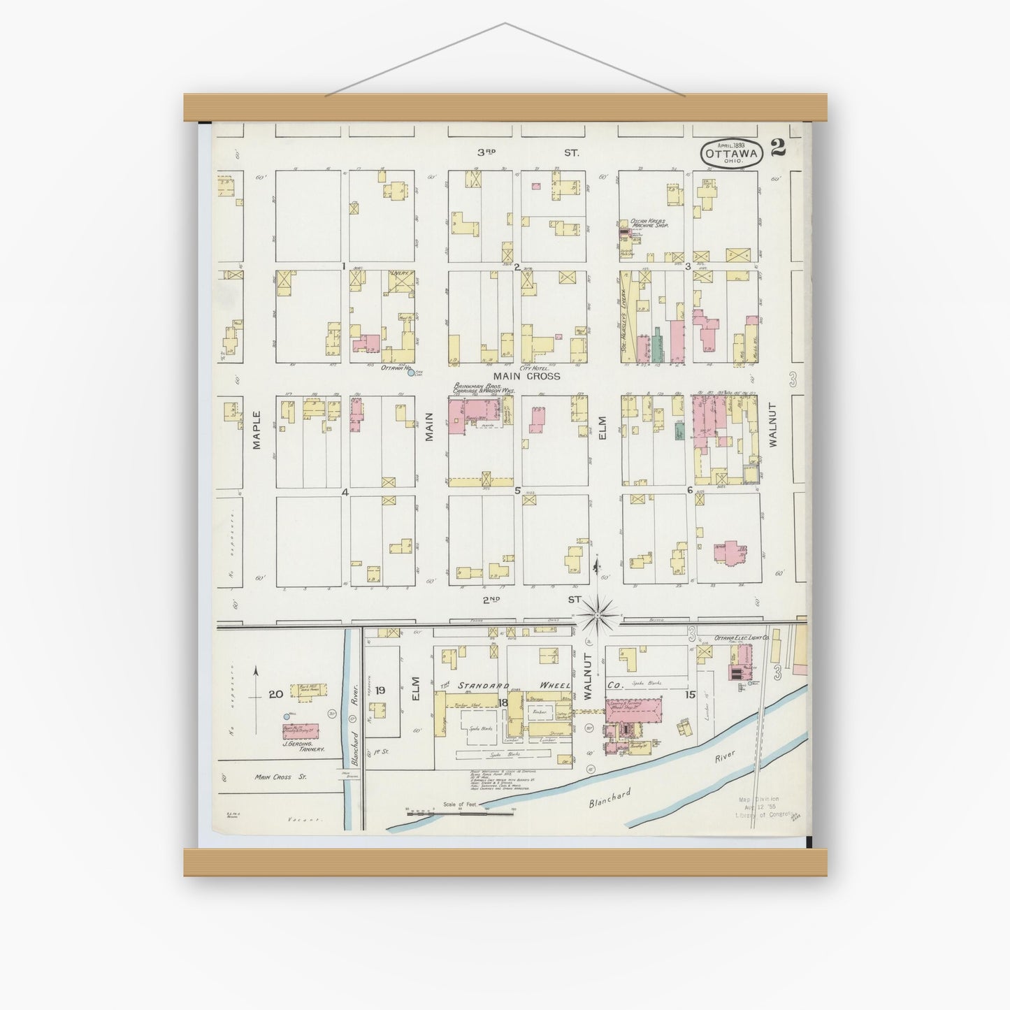 Old map wall art mockup — magnetic wood frame on white wall — Sanborn Fire Insurance Map from Ottawa, Putnam County, Ohio (1893), Sheet #0002