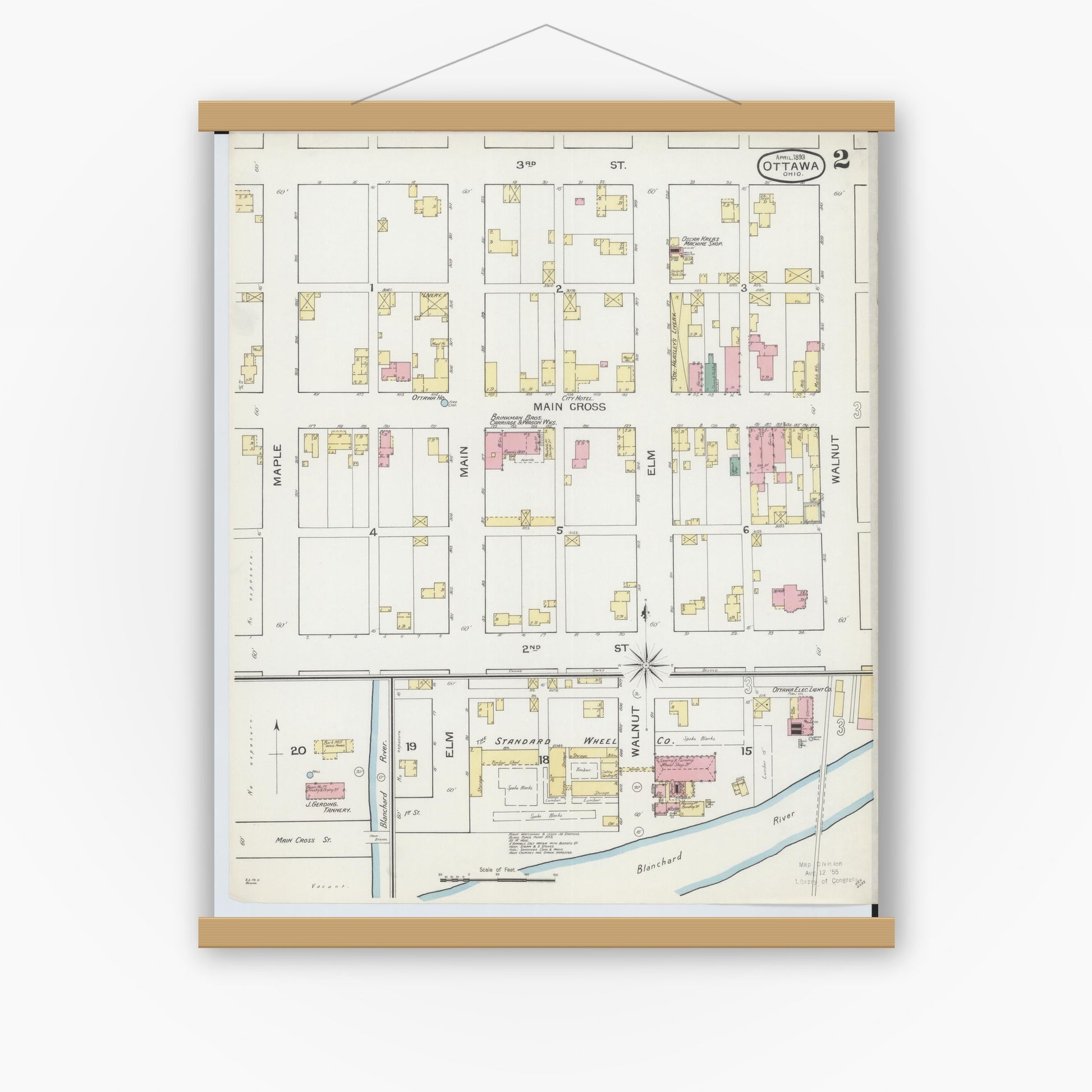 Old map wall art mockup — magnetic wood frame on white wall — Sanborn Fire Insurance Map from Ottawa, Putnam County, Ohio (1893), Sheet #0002