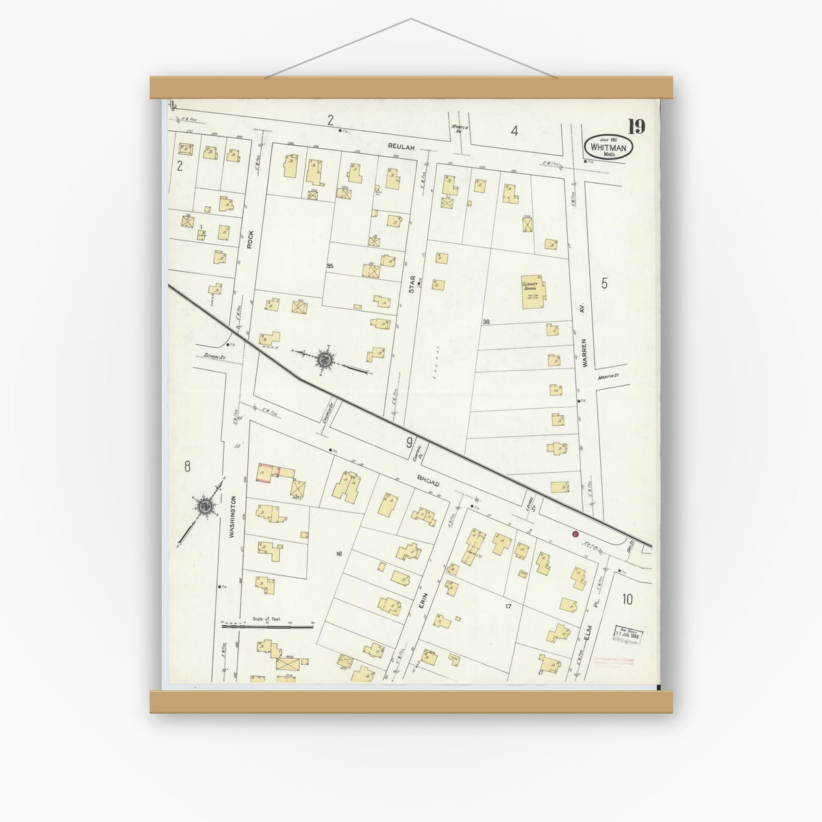 Old map wall art mockup — magnetic wood frame on white wall — Sanborn Fire Insurance Map from Whitman, Plymouth County, Massachusetts (1911), Sheet #0019