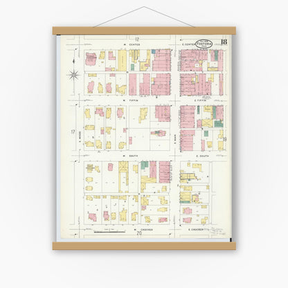 Old map wall art mockup — magnetic wood frame on white wall — Sanborn Fire Insurance Map from Fostoria, Seneca, Hancock, And Wood Counties, Ohio (1908), Sheet #0018