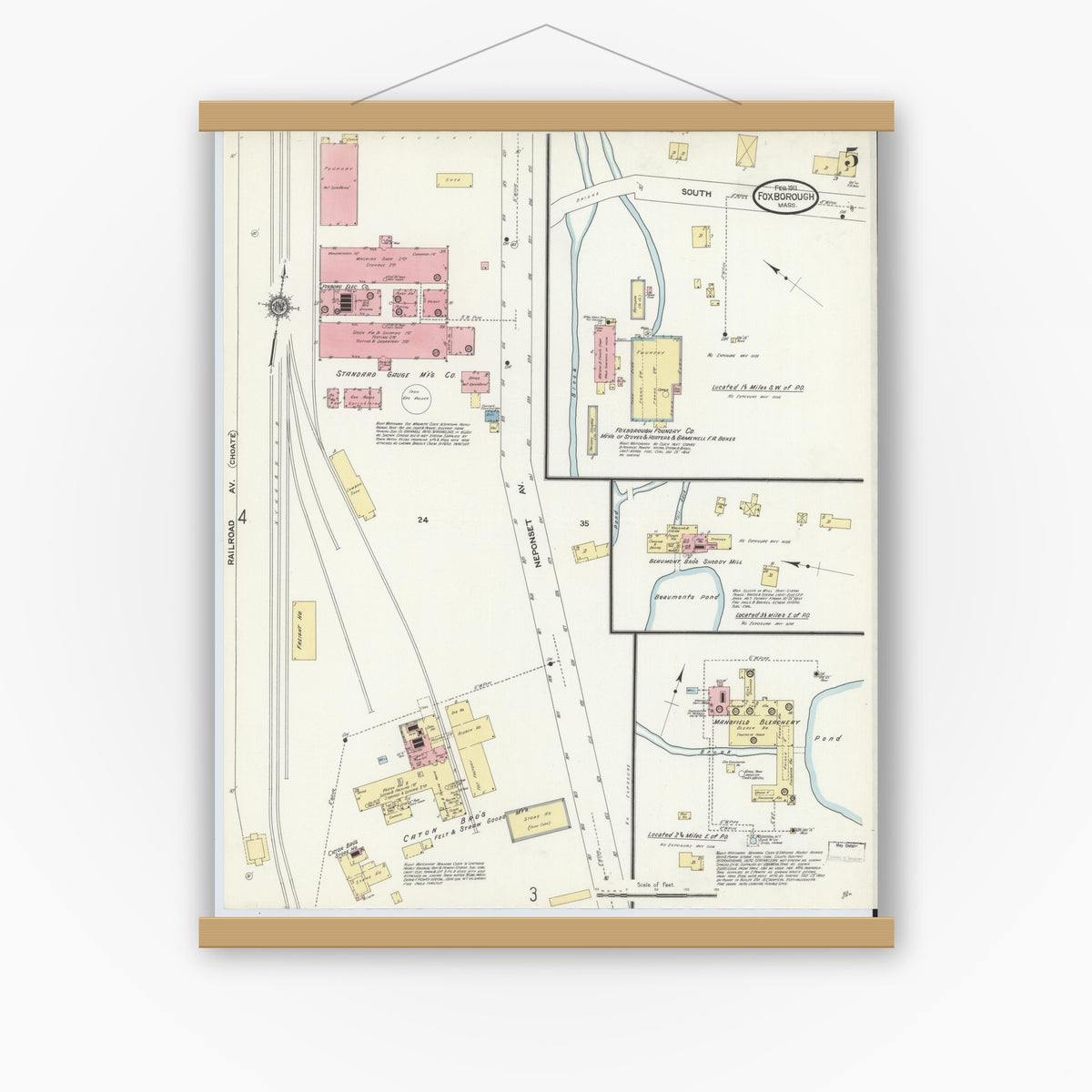 Old map wall art mockup — magnetic wood frame on white wall — Sanborn Fire Insurance Map from Foxboro, Norfolk County, Massachusetts (1911), Sheet #0005