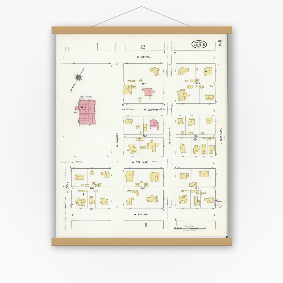 Old map wall art mockup — magnetic wood frame on white wall — Sanborn Fire Insurance Map from Ennis, Ellis County, Texas (1920), Sheet #0007