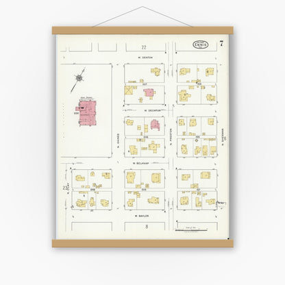 Old map wall art mockup — magnetic wood frame on white wall — Sanborn Fire Insurance Map from Ennis, Ellis County, Texas (1920), Sheet #0007