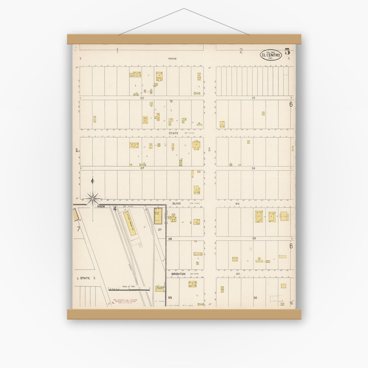 Old map wall art mockup — magnetic wood frame on white wall — Sanborn Fire Insurance Map from El Centro, Imperial County, California (1910), Sheet #0005