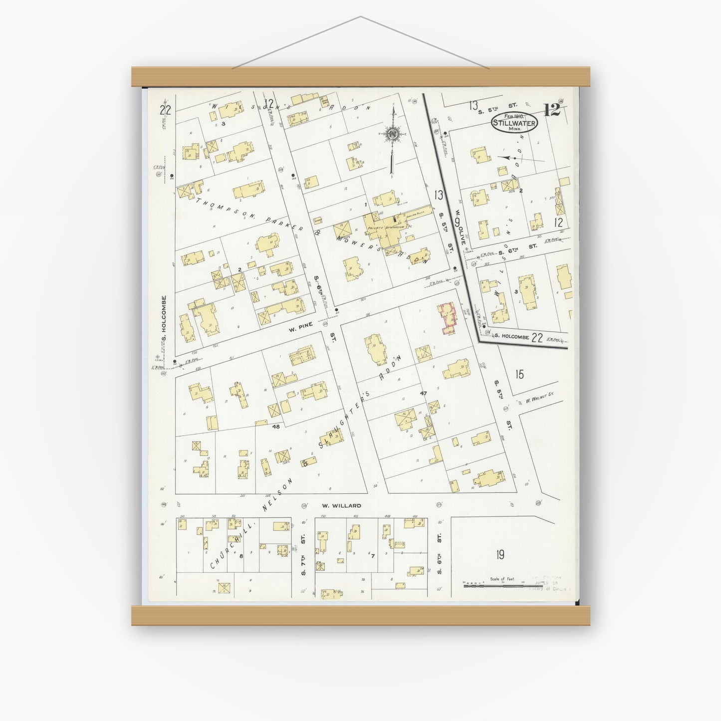 Old map wall art mockup — magnetic wood frame on white wall — Sanborn Fire Insurance Map from Stillwater, Washington County, Minnesota (1910), Sheet #0012