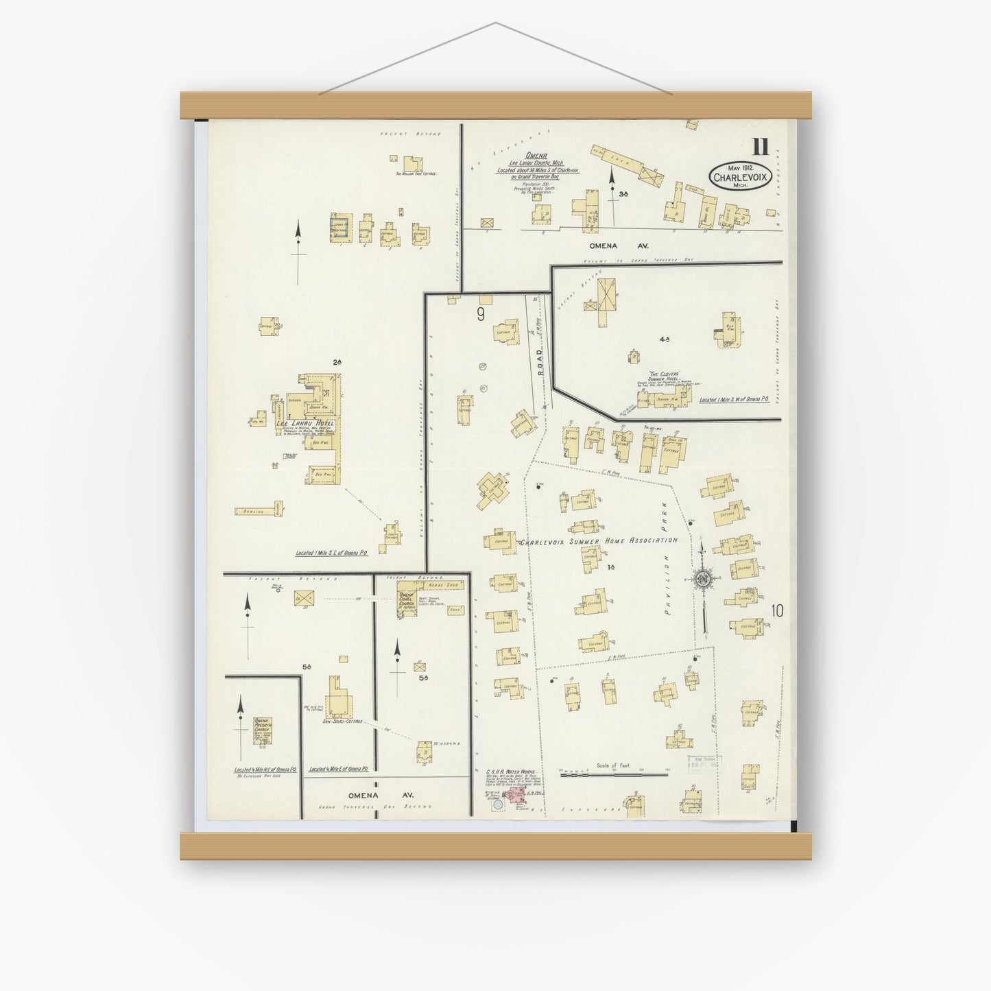 Old map wall art mockup — magnetic wood frame on white wall — Sanborn Fire Insurance Map from Charlevoix, Charlevoix County, Michigan (1912), Sheet #0011