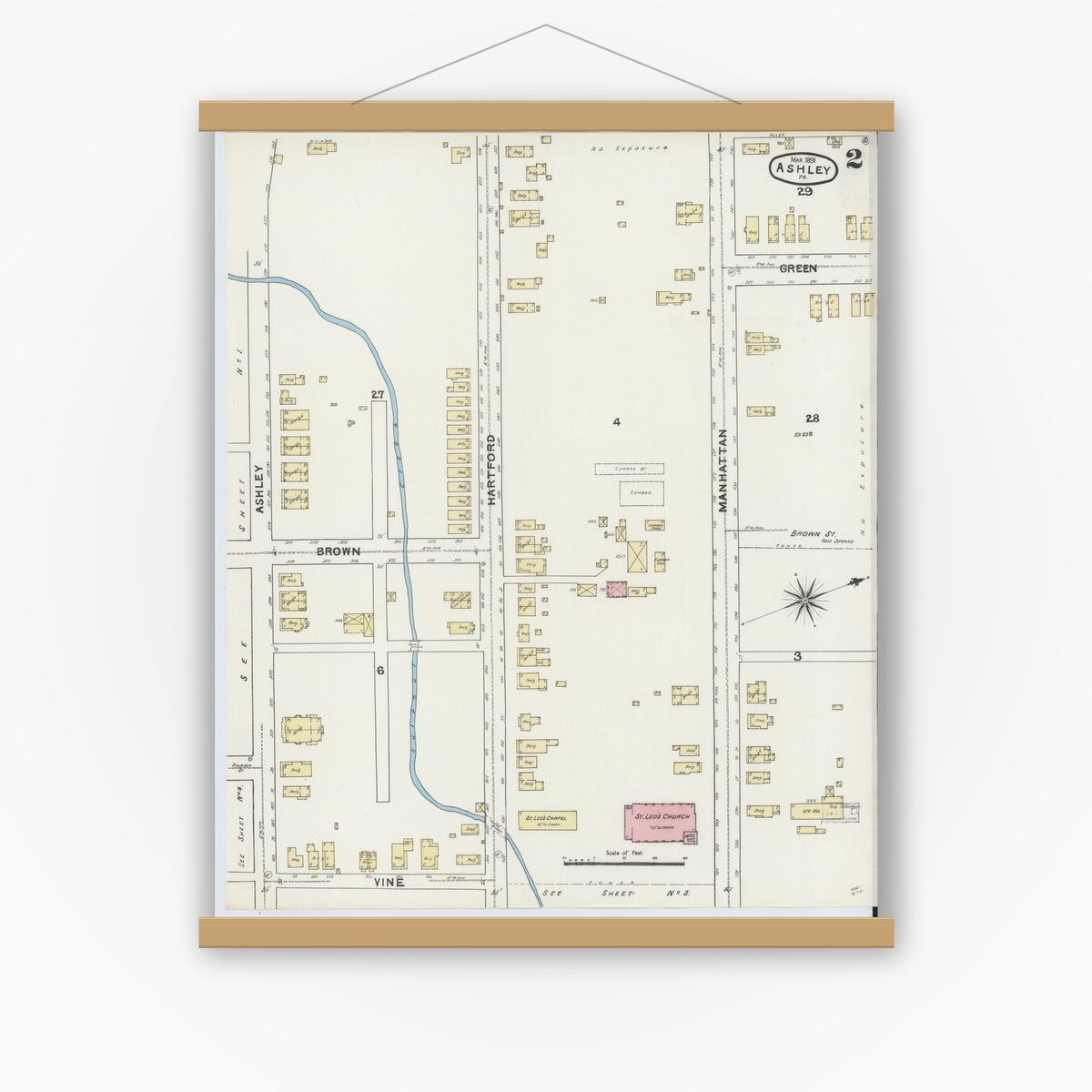 Old map wall art mockup — magnetic wood frame on white wall — Sanborn Fire Insurance Map from Ashley, Luzerne County, Pennsylvania (1891), Sheet #0002