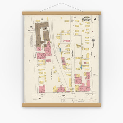 Old map wall art mockup — magnetic wood frame on white wall — Sanborn Fire Insurance Map from Greenfield, Franklin County, Massachusetts (1922), Sheet #0004