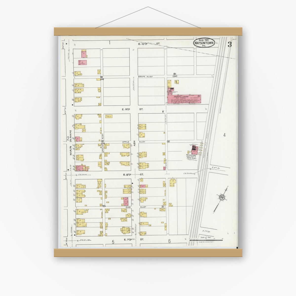 Old map wall art mockup — magnetic wood frame on white wall — Sanborn Fire Insurance Map from Watsontown, Northumberland County, Pennsylvania (1921), Sheet #0003