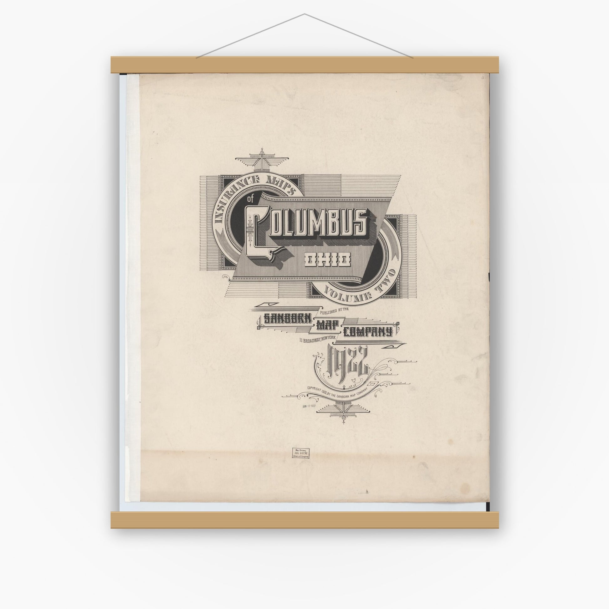 Old map wall art mockup — magnetic wood frame on white wall — Sanborn Fire Insurance Map from Columbus, Franklin County, Ohio (1922), Sheet #0001