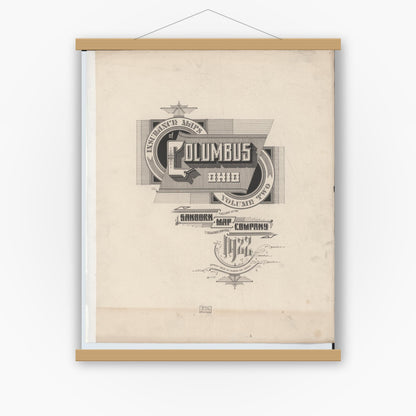 Old map wall art mockup — magnetic wood frame on white wall — Sanborn Fire Insurance Map from Columbus, Franklin County, Ohio (1922), Sheet #0001
