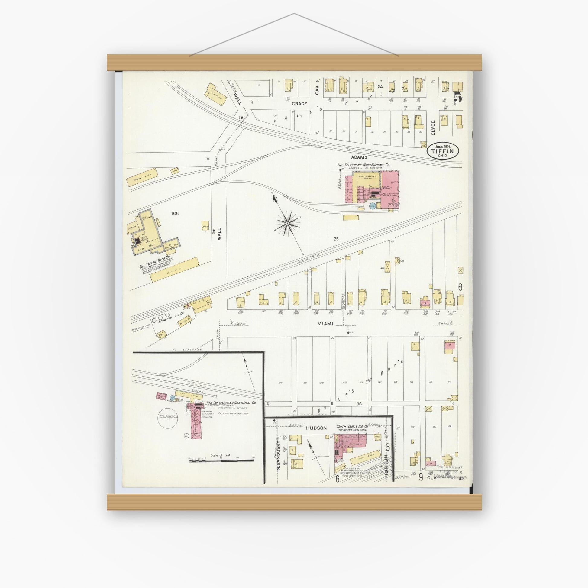 Old map wall art mockup — magnetic wood frame on white wall — Sanborn Fire Insurance Map from Tiffin, Seneca County, Ohio (1908), Sheet #0005