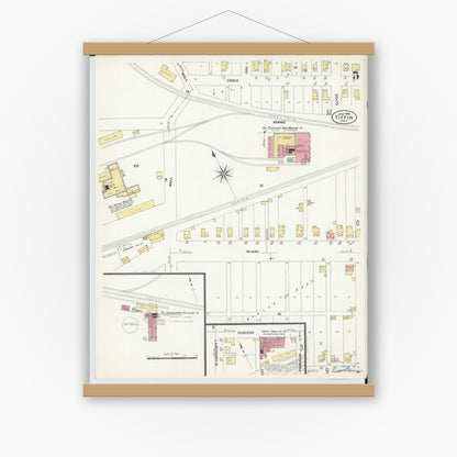 Old map wall art mockup — magnetic wood frame on white wall — Sanborn Fire Insurance Map from Tiffin, Seneca County, Ohio (1908), Sheet #0005