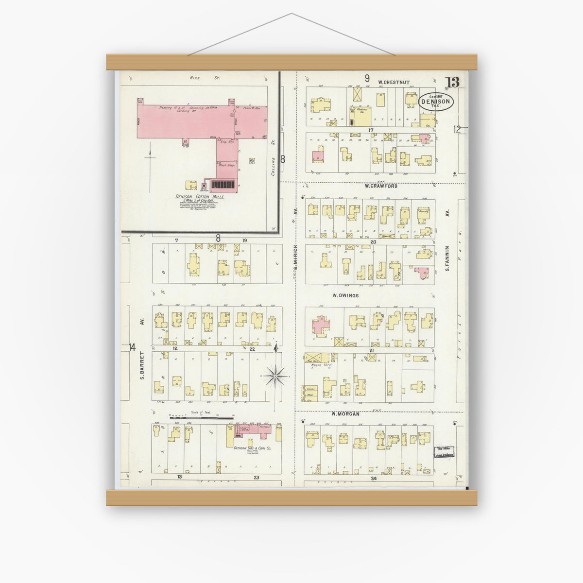 Old map wall art mockup — magnetic wood frame on white wall — Sanborn Fire Insurance Map from Denison, Grayson County, Texas (1897), Sheet #0013