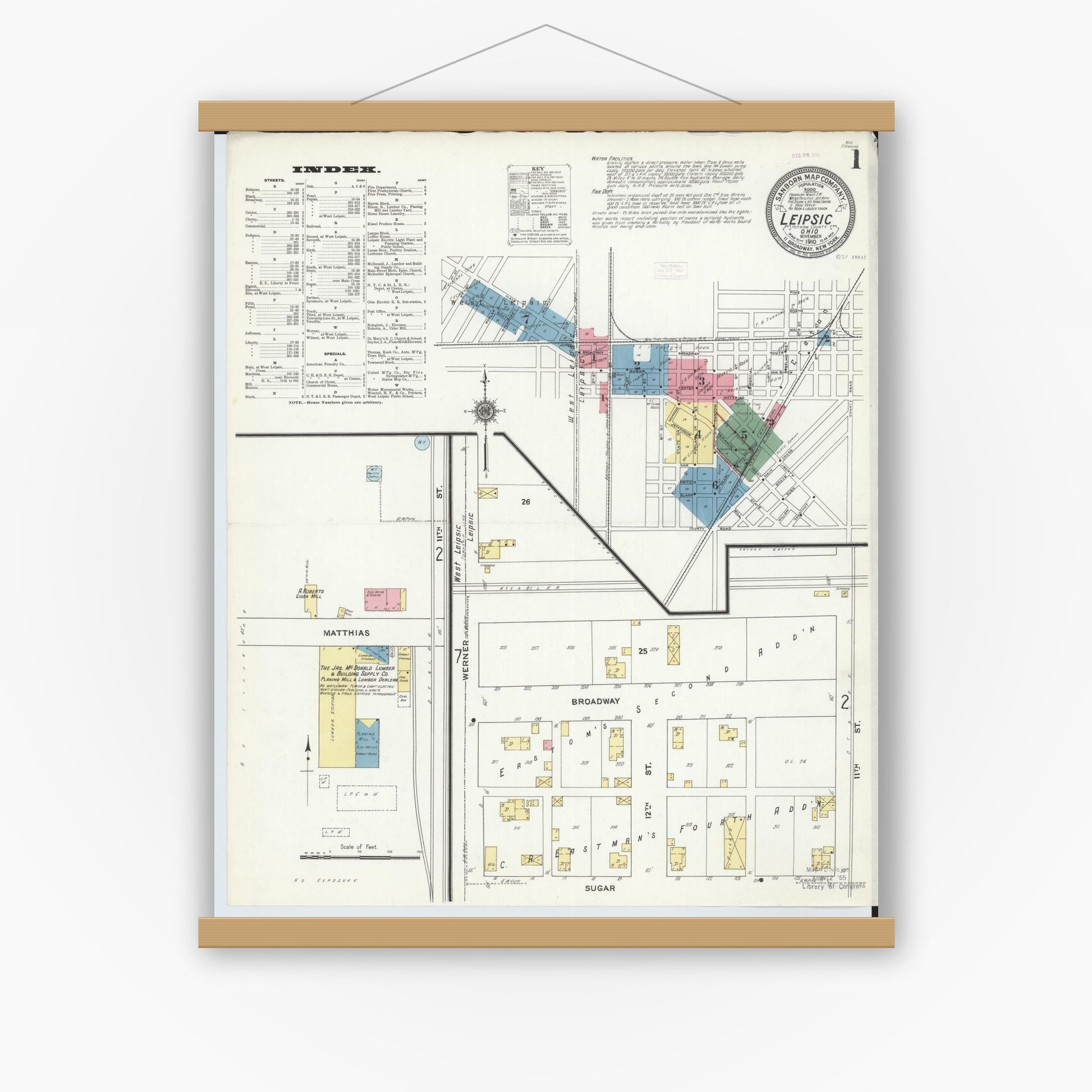 Old map wall art mockup — magnetic wood frame on white wall — Sanborn Fire Insurance Map from Leipsic, Putnam County, Ohio (1910) - Complete Map Set