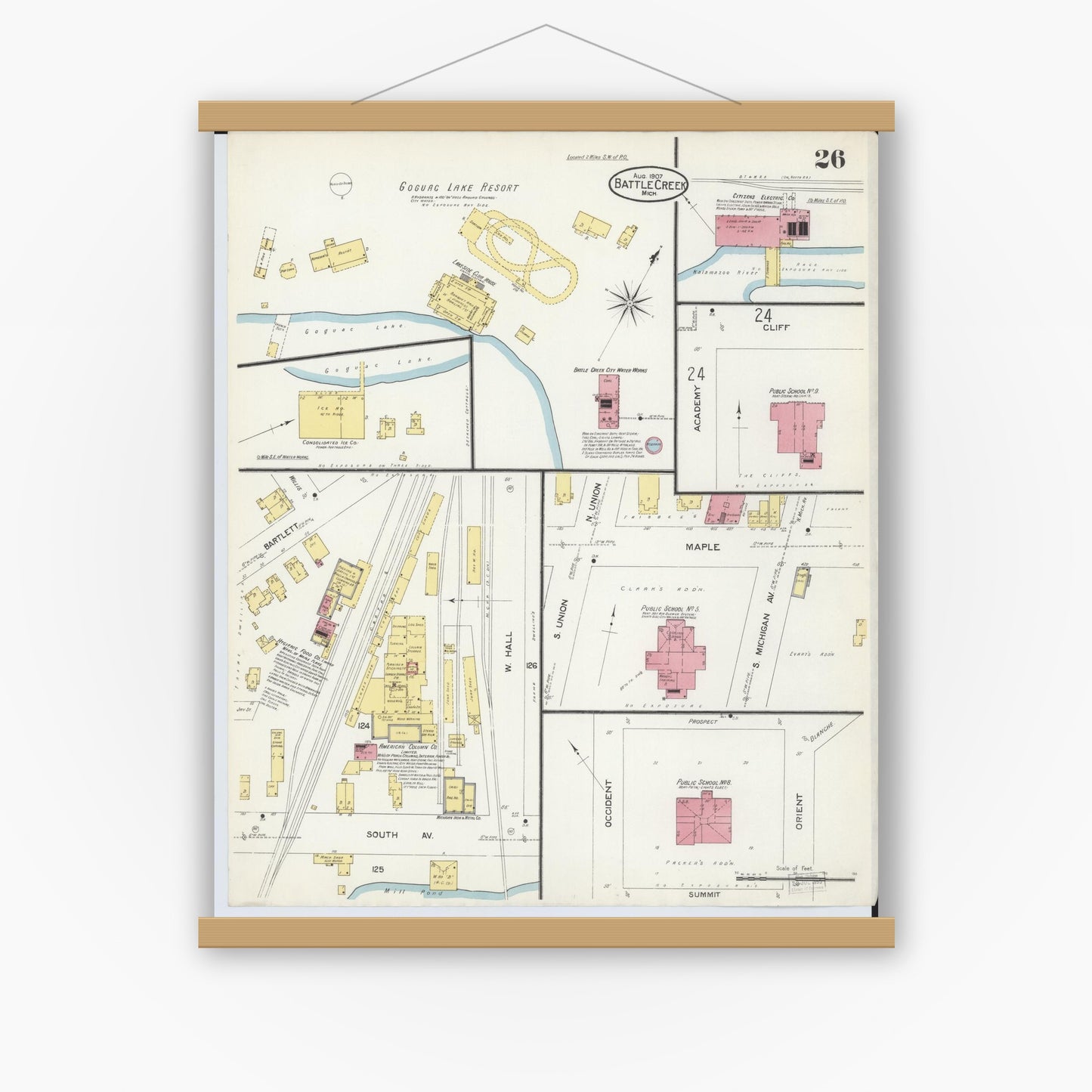 Old map wall art mockup — magnetic wood frame on white wall — Sanborn Fire Insurance Map from Battle Creek, Calhoun County, Michigan (1907), Sheet #0026