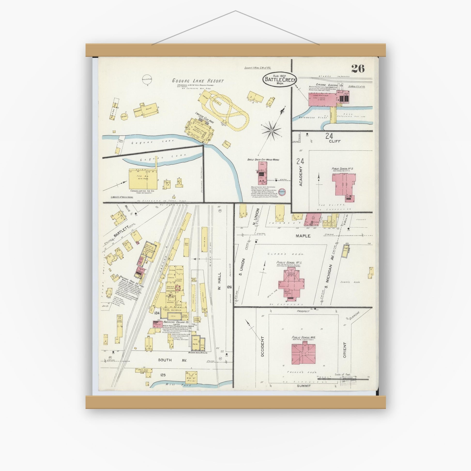 Old map wall art mockup — magnetic wood frame on white wall — Sanborn Fire Insurance Map from Battle Creek, Calhoun County, Michigan (1907), Sheet #0026