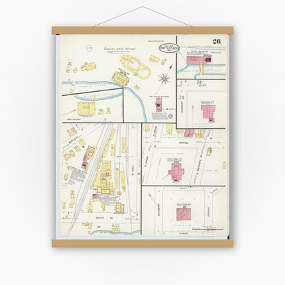 Old map wall art mockup — magnetic wood frame on white wall — Sanborn Fire Insurance Map from Battle Creek, Calhoun County, Michigan (1907), Sheet #0026