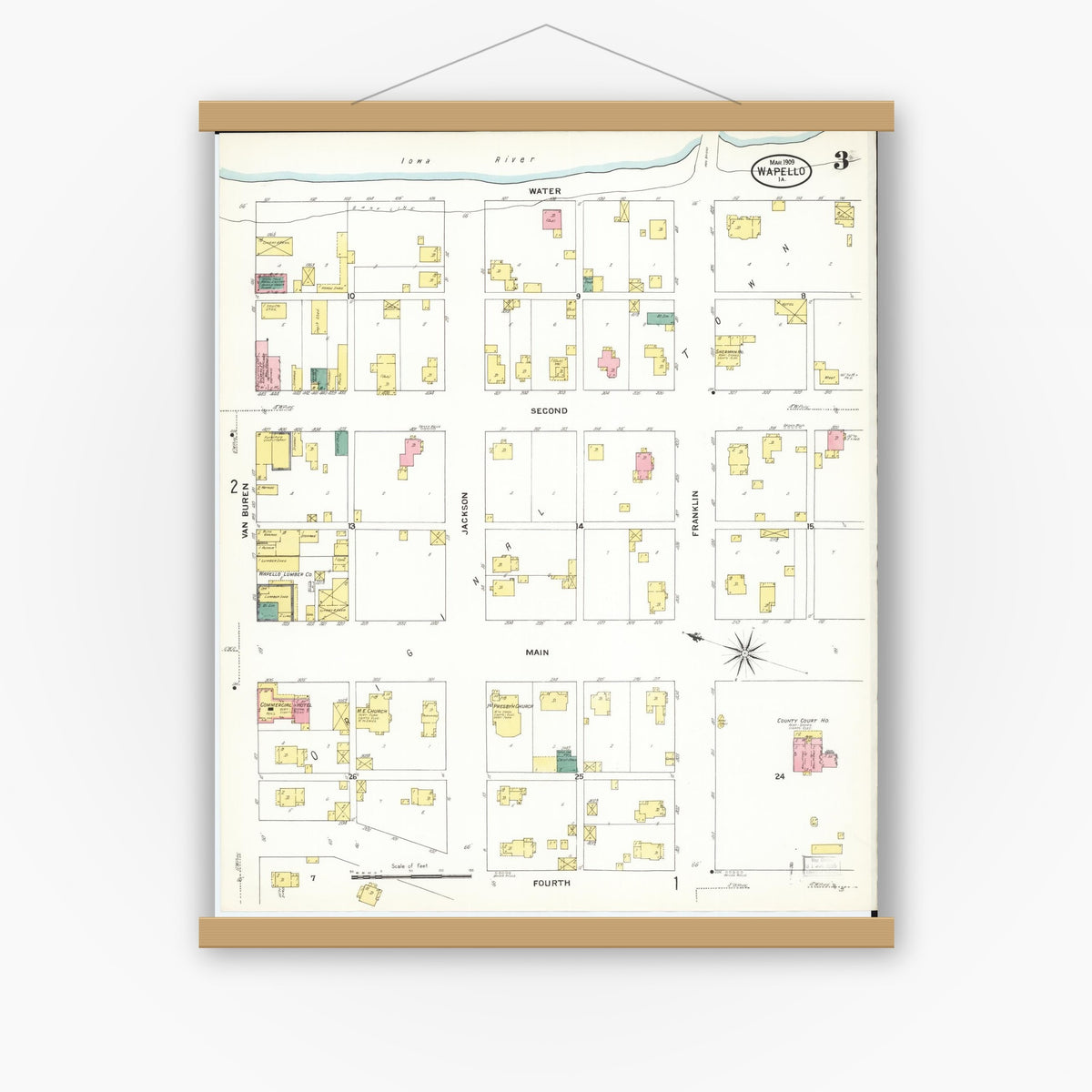 Old map wall art mockup — magnetic wood frame on white wall — Sanborn Fire Insurance Map from Wapello, Louisa County, Iowa (1909), Sheet #0003