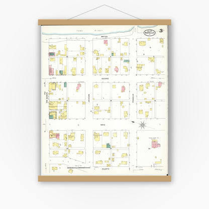 Old map wall art mockup — magnetic wood frame on white wall — Sanborn Fire Insurance Map from Wapello, Louisa County, Iowa (1909), Sheet #0003
