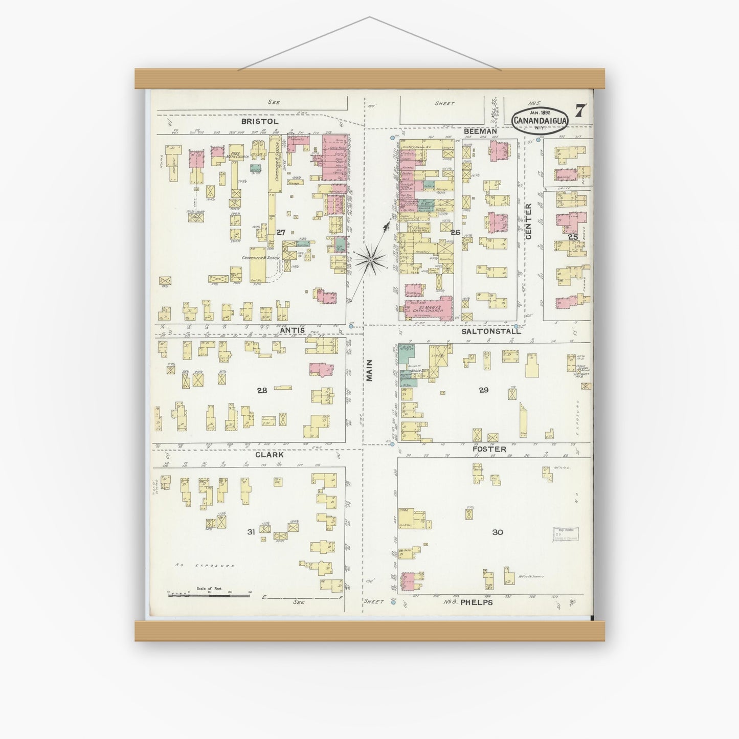 Old map wall art mockup — magnetic wood frame on white wall — Sanborn Fire Insurance Map from Canandaigua, Ontario County, New York (1892), Sheet #0007