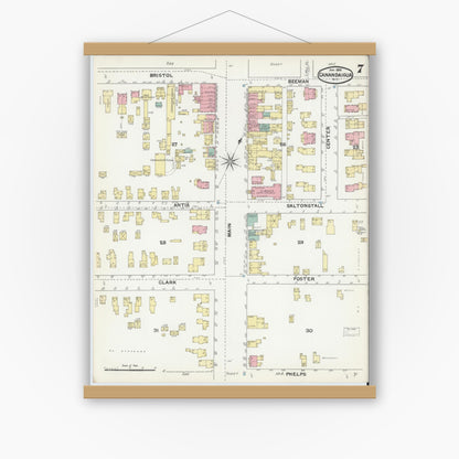 Old map wall art mockup — magnetic wood frame on white wall — Sanborn Fire Insurance Map from Canandaigua, Ontario County, New York (1892), Sheet #0007