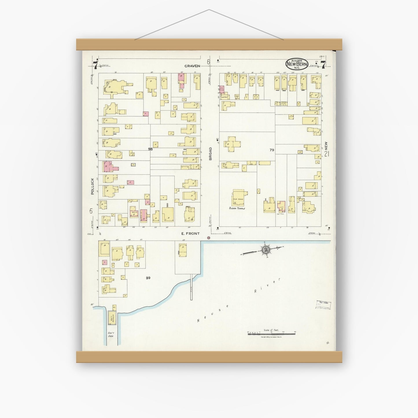 Old map wall art mockup — magnetic wood frame on white wall — Sanborn Fire Insurance Map from New Bern, Craven County, North Carolina (1924), Sheet #0007
