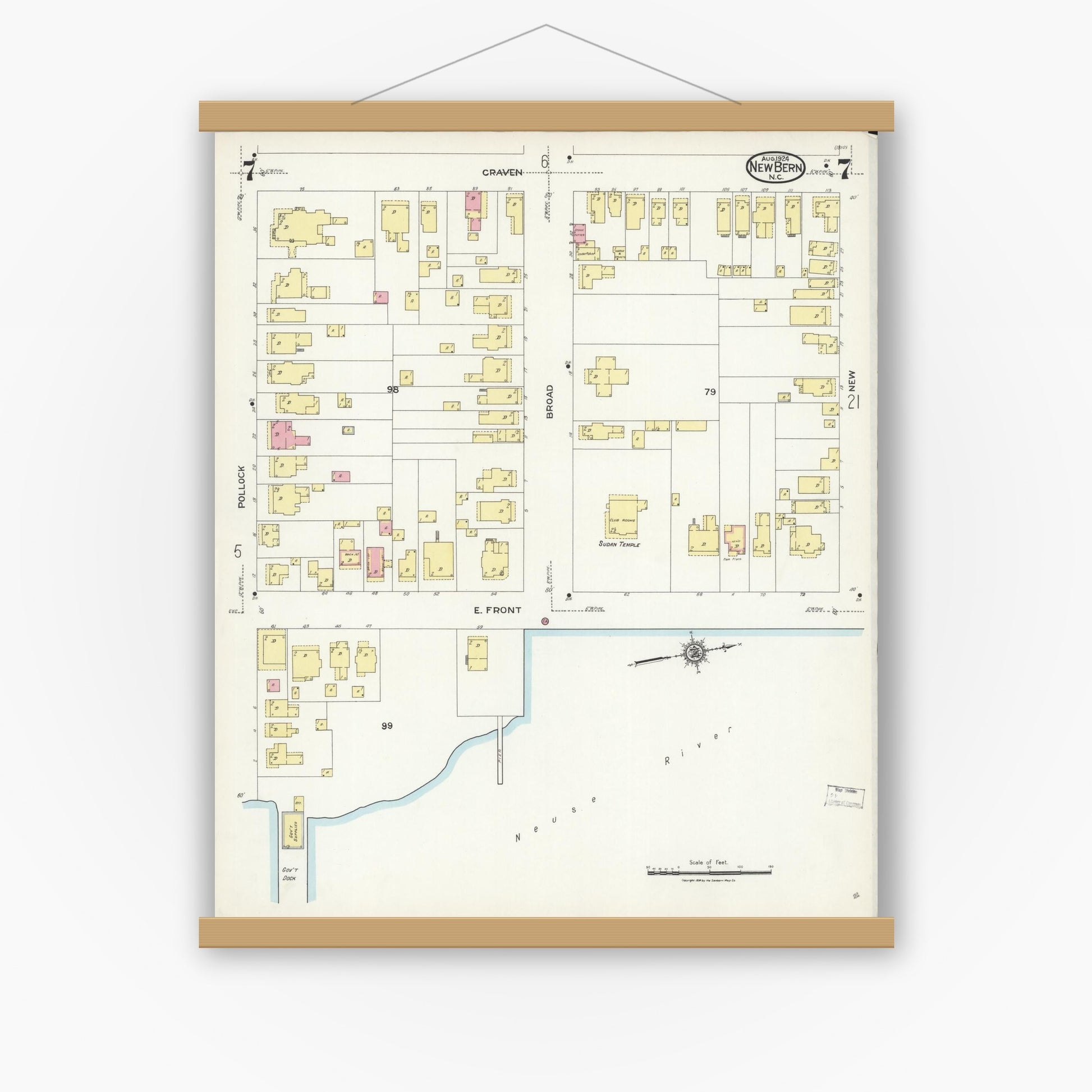 Old map wall art mockup — magnetic wood frame on white wall — Sanborn Fire Insurance Map from New Bern, Craven County, North Carolina (1924), Sheet #0007