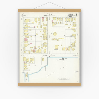 Old map wall art mockup — magnetic wood frame on white wall — Sanborn Fire Insurance Map from New Bern, Craven County, North Carolina (1924), Sheet #0007
