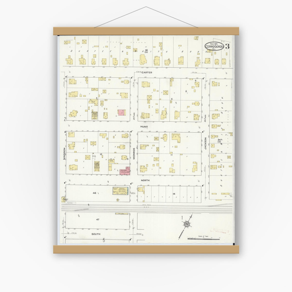 Old map wall art mockup — magnetic wood frame on white wall — Sanborn Fire Insurance Map from Cerro Gordo, Piatt County, Illinois (1915), Sheet #0003