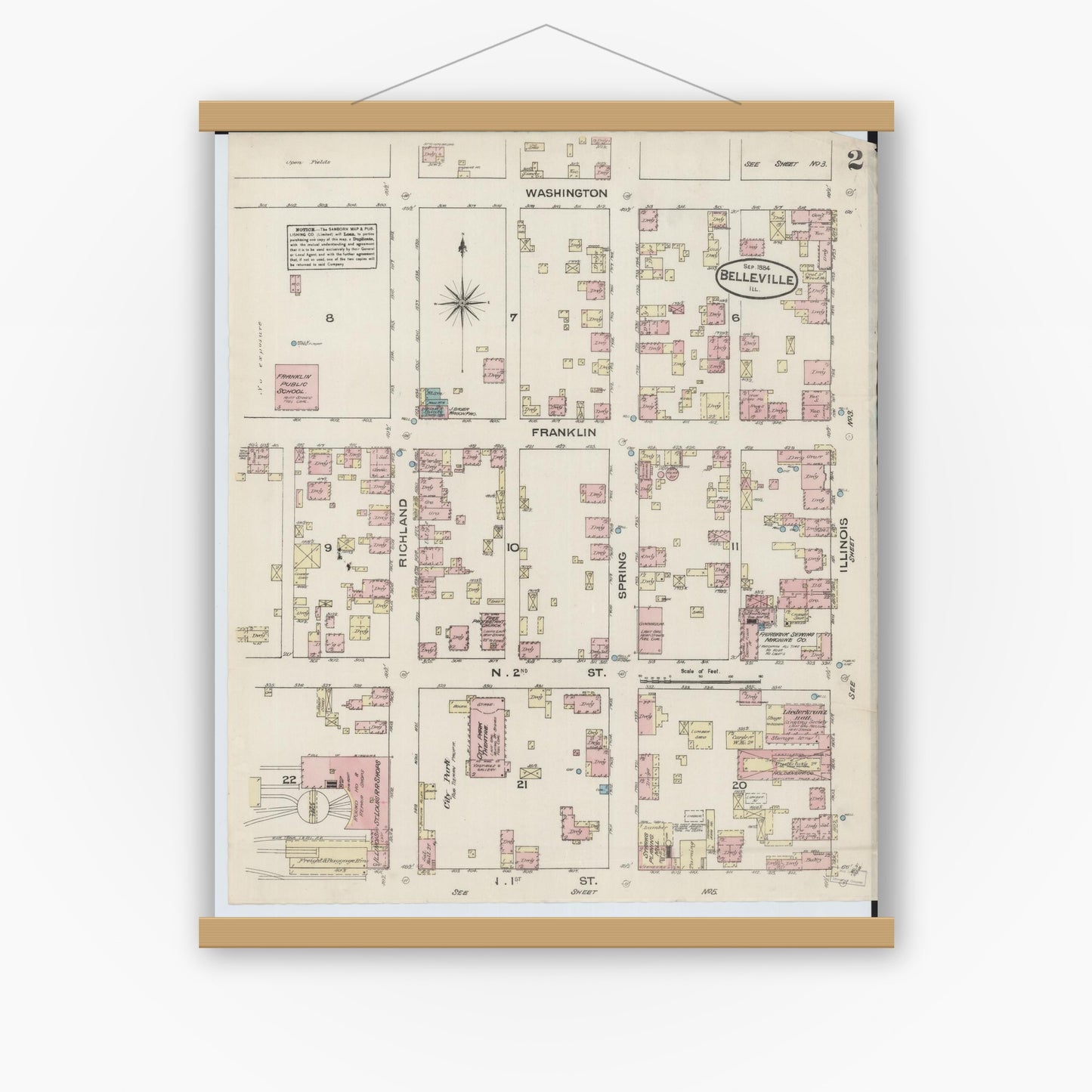 Old map wall art mockup — magnetic wood frame on white wall — Sanborn Fire Insurance Map from Belleville, Saint Clair County, Illinois (1884), Sheet #0002