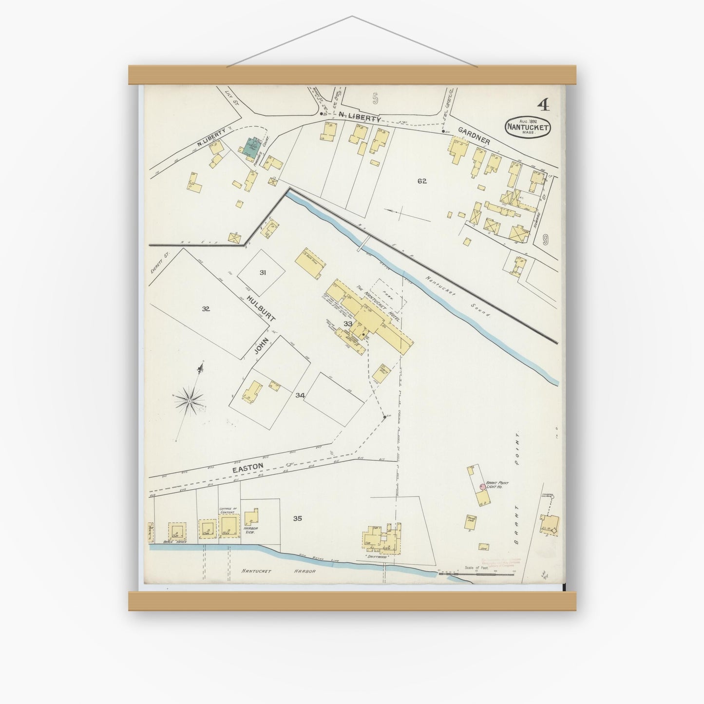 Old map wall art mockup — magnetic wood frame on white wall — Sanborn Fire Insurance Map from Nantucket, Nantucket County, Massachusetts (1892), Sheet #0004