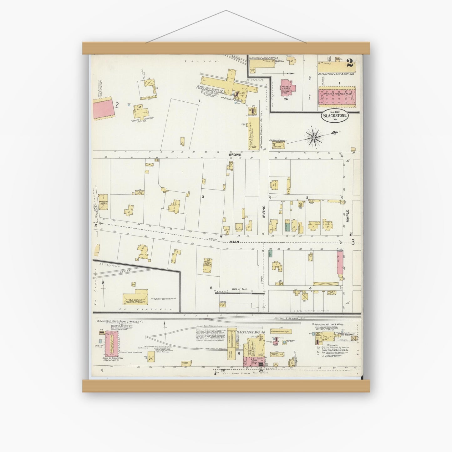 Old map wall art mockup — magnetic wood frame on white wall — Sanborn Fire Insurance Map from Blackstone, Nottoway County, Virginia (1903), Sheet #0002