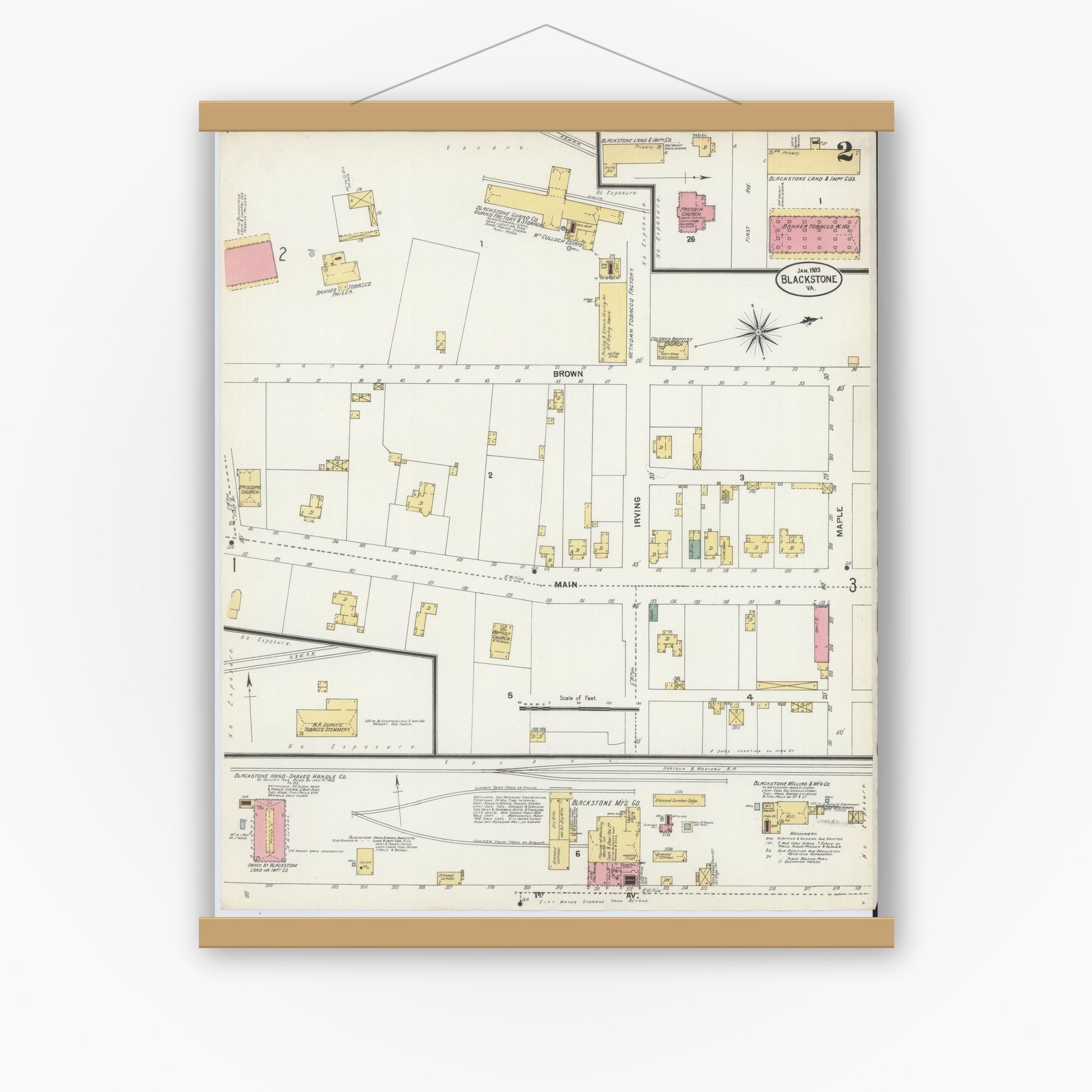 Old map wall art mockup — magnetic wood frame on white wall — Sanborn Fire Insurance Map from Blackstone, Nottoway County, Virginia (1903), Sheet #0002