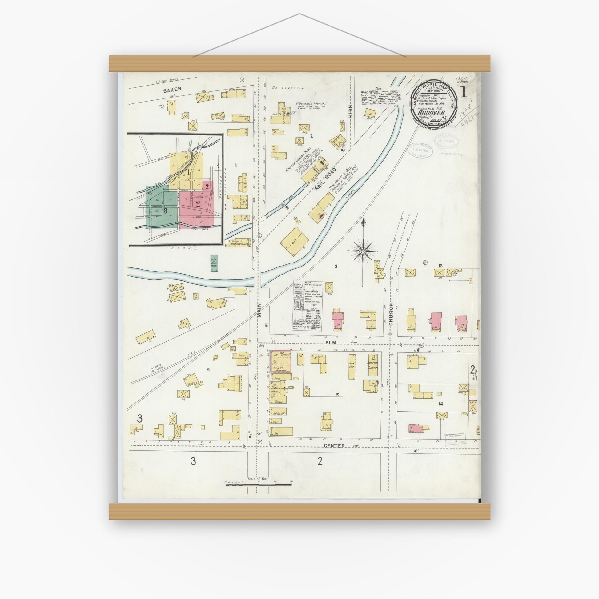 Old map wall art mockup — magnetic wood frame on white wall — Sanborn Fire Insurance Map from Andover, Allegany County, New York (1898), Sheet #0001