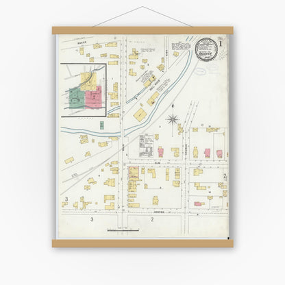 Old map wall art mockup — magnetic wood frame on white wall — Sanborn Fire Insurance Map from Andover, Allegany County, New York (1898), Sheet #0001