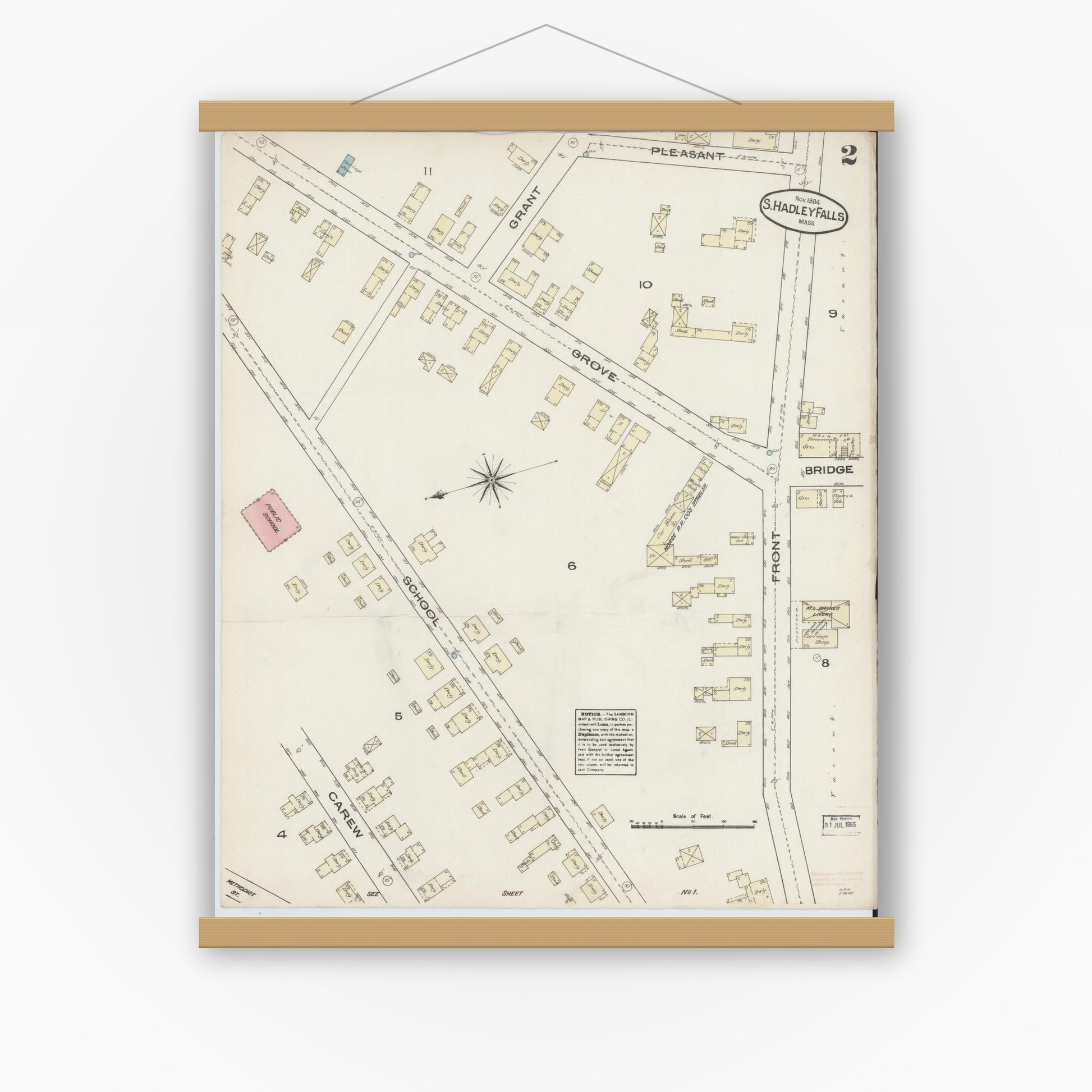 Old map wall art mockup — magnetic wood frame on white wall — Sanborn Fire Insurance Map from South Hadley Falls, Hampshire County, Massachusetts (1884), Sheet #0002