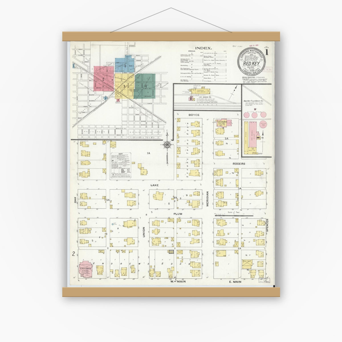 Old map wall art mockup — magnetic wood frame on white wall — Sanborn Fire Insurance Map from Redkey, Jay County, Indiana (1909), Sheet #0001