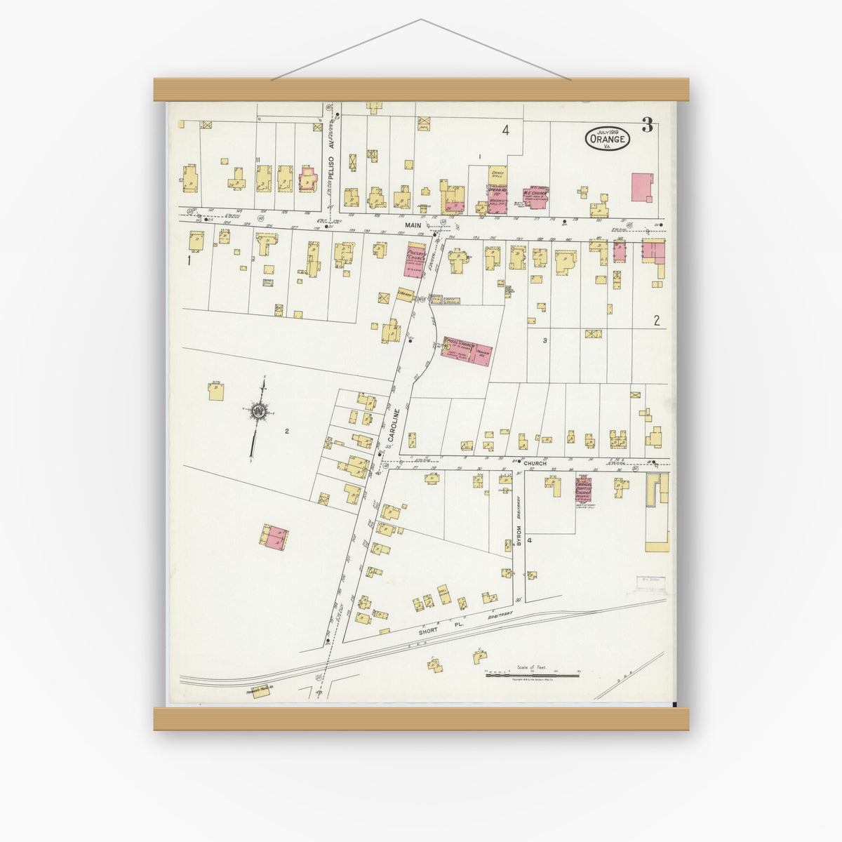Old map wall art mockup — magnetic wood frame on white wall — Sanborn Fire Insurance Map from Orange, Orange County, Virginia (1919), Sheet #0003