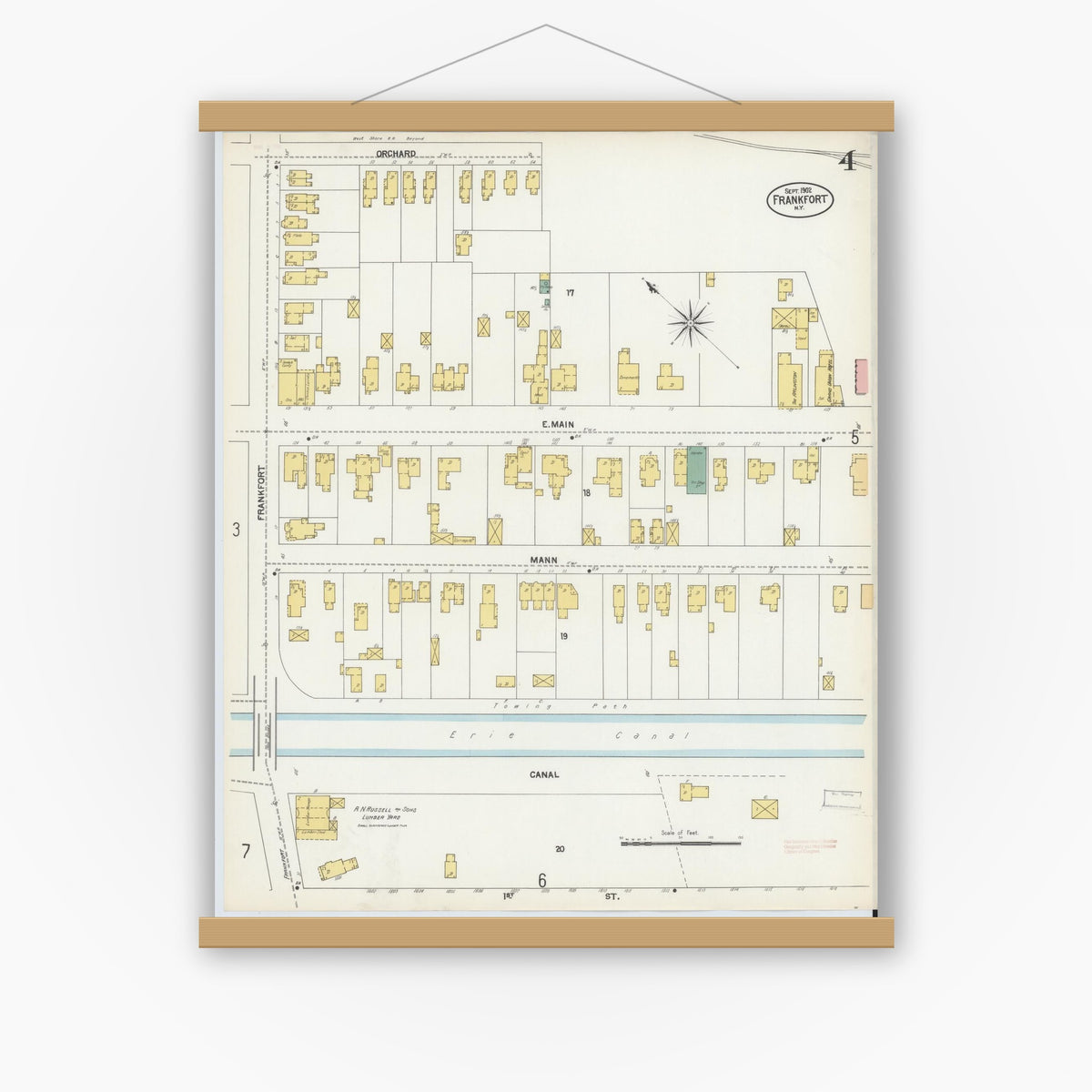 Old map wall art mockup — magnetic wood frame on white wall — Sanborn Fire Insurance Map from Frankfort, Herkimer County, New York (1902), Sheet #0004