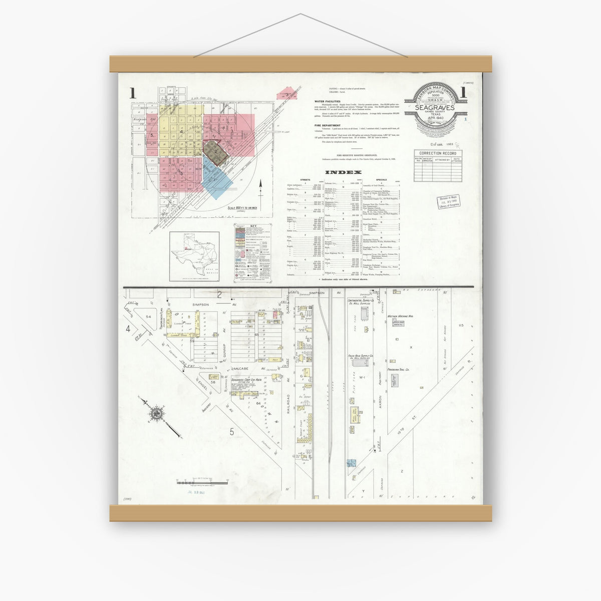 Old map wall art mockup — magnetic wood frame on white wall — Sanborn Fire Insurance Map from Seagraves, Gaines County, Texas (1940) - Complete Map Set