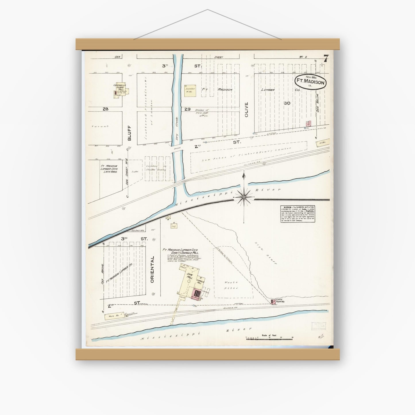 Old map wall art mockup — magnetic wood frame on white wall — Sanborn Fire Insurance Map from Fort Madison, Lee County, Iowa (1884), Sheet #0007