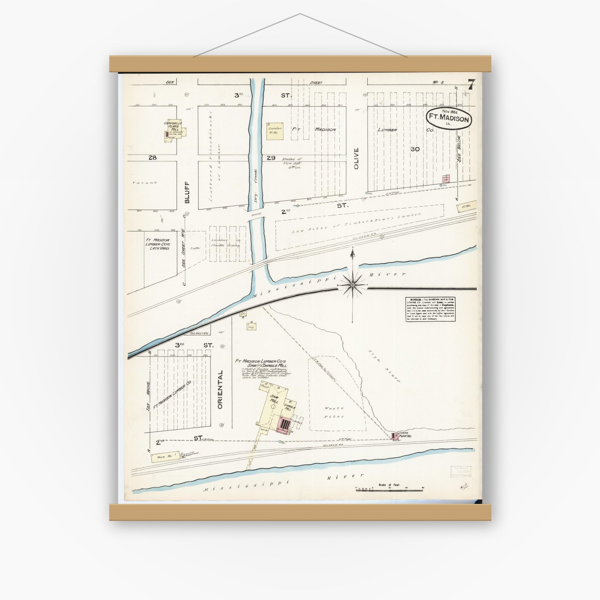 Old map wall art mockup — magnetic wood frame on white wall — Sanborn Fire Insurance Map from Fort Madison, Lee County, Iowa (1884), Sheet #0007