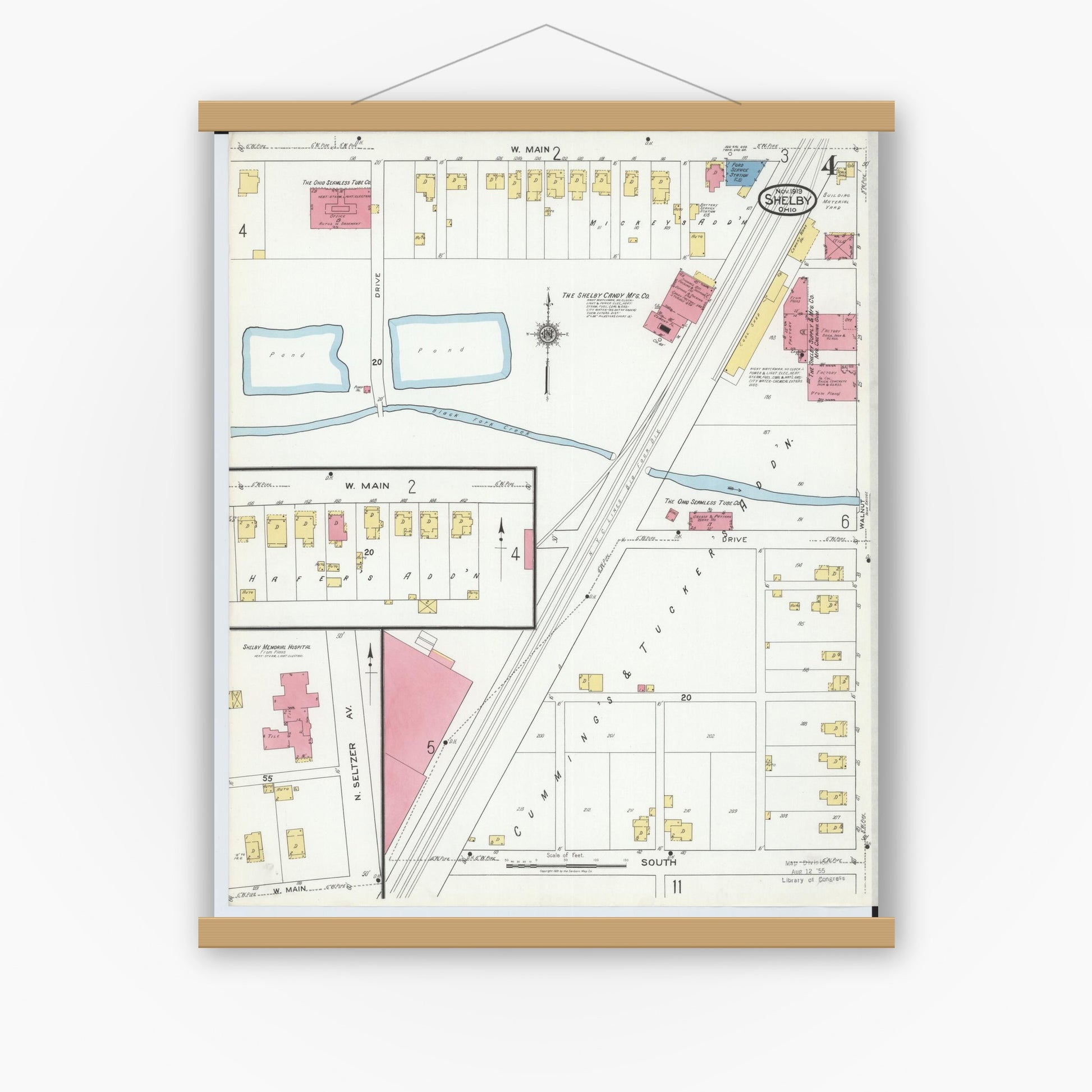 Old map wall art mockup — magnetic wood frame on white wall — Sanborn Fire Insurance Map from Shelby, Richland County, Ohio (1919), Sheet #0004