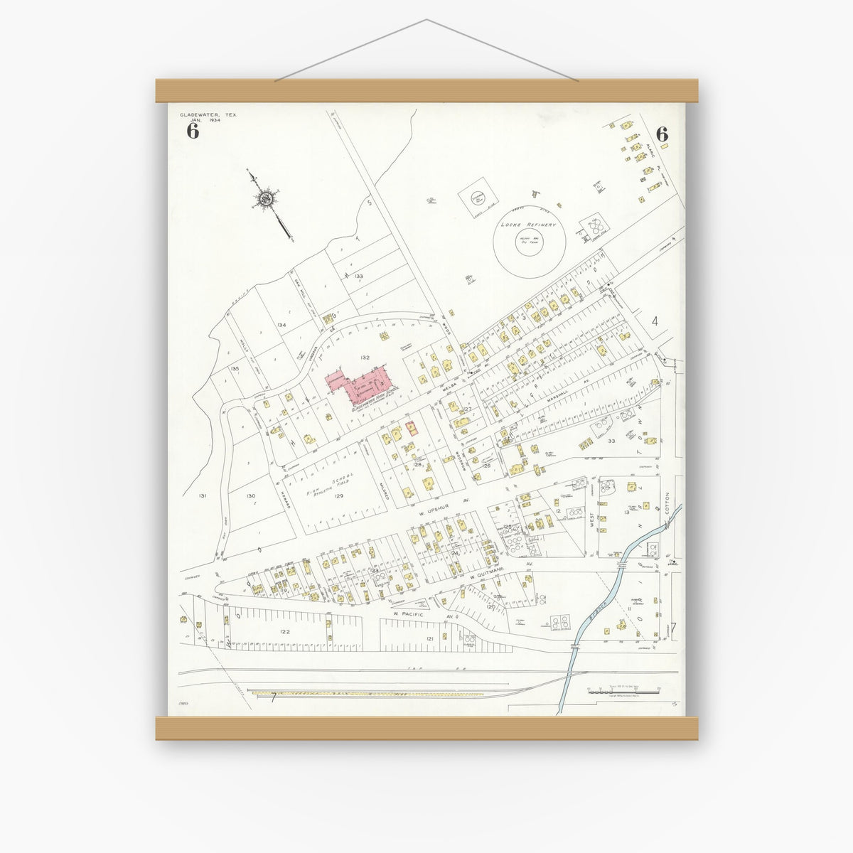 Old map wall art mockup — magnetic wood frame on white wall — Sanborn Fire Insurance Map from Gladewater, Gregg County, Texas (1934), Sheet #0006