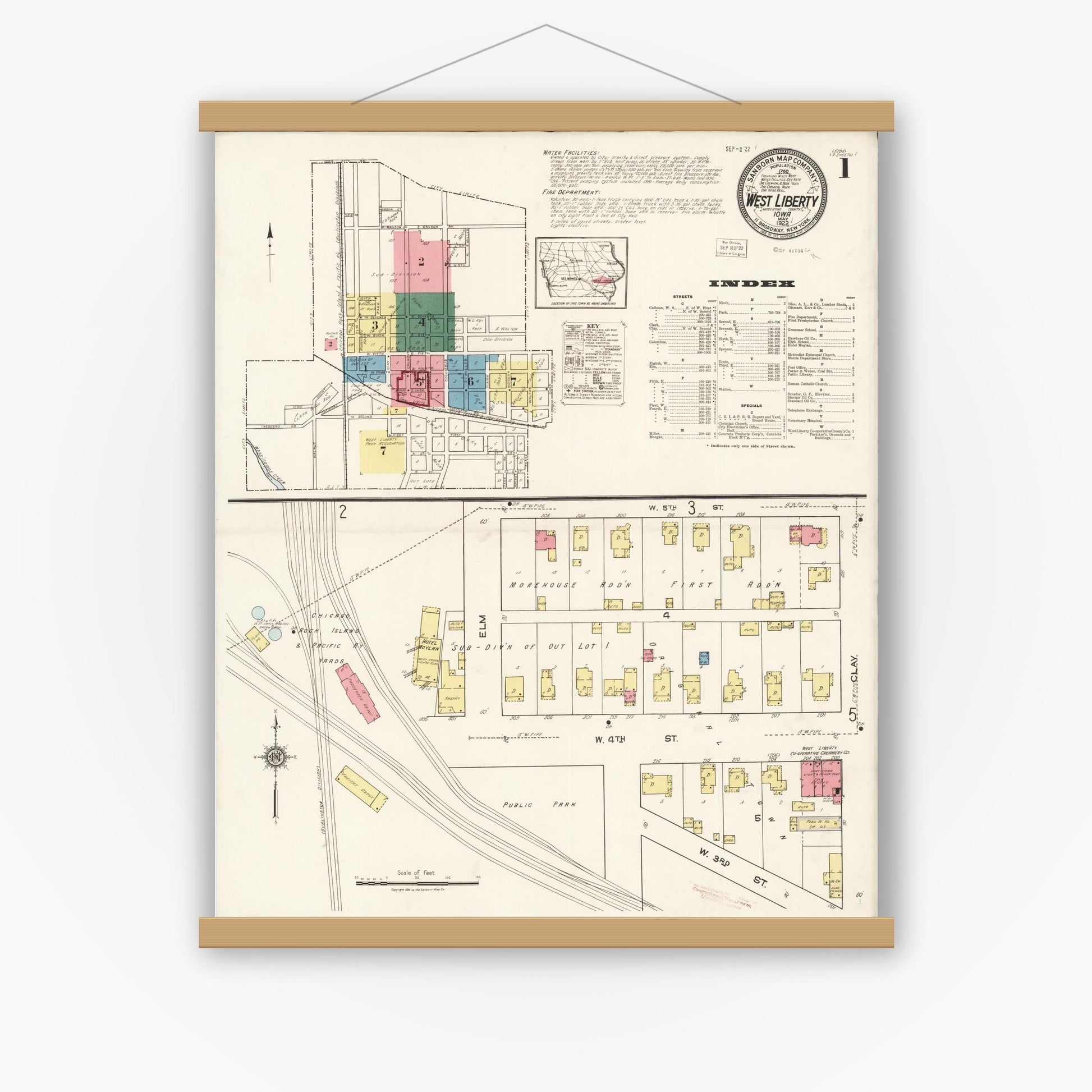 Old map wall art mockup — magnetic wood frame on white wall — Sanborn Fire Insurance Map from West Liberty, Muscatine County, Iowa (1922), Sheet #0001
